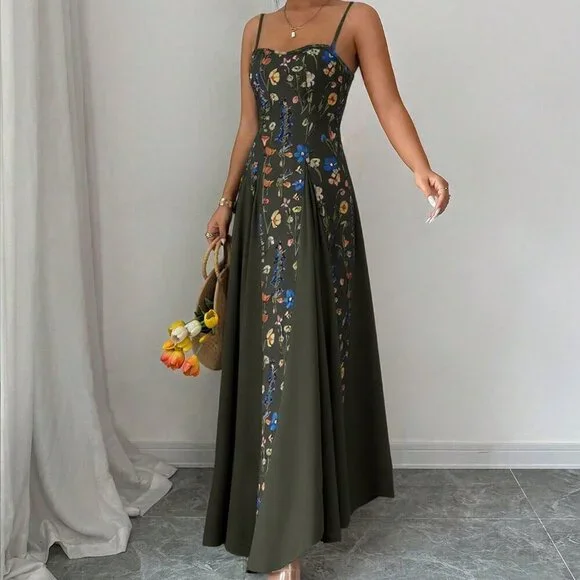 Army Green Boho Women's Elegant Floral Sleeveless Dress - Picture 3 of 5